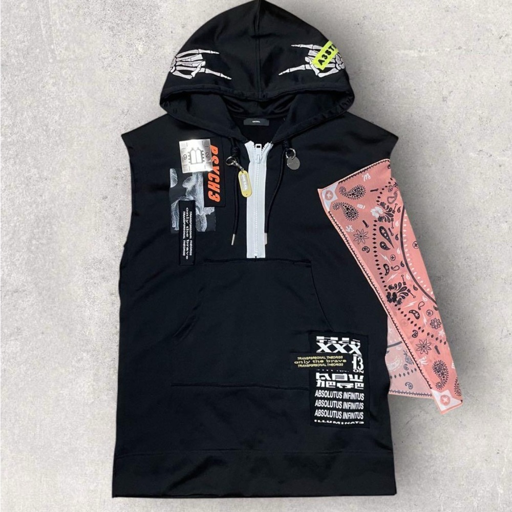 Diesel Black Hooded Sleeveless Top with Graphic Patches